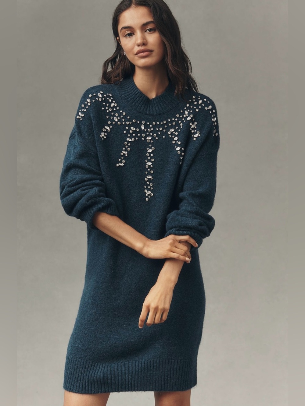 NWT By Anthropologie Long-Sleeve Embellished Sweater Mini Dress Sz S